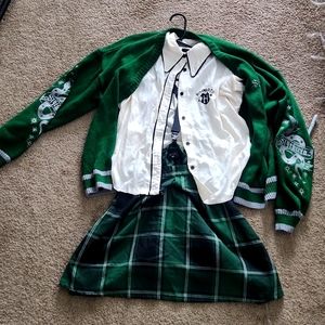Hot Topic Green and White Varsity Jacket and Skirt Set